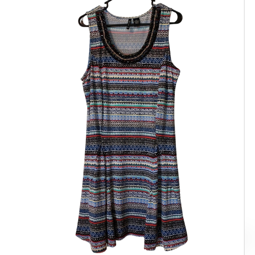 Cute Fit and Flare Tribal Aztec Design Dress with Beaded Neckline EUC PXL